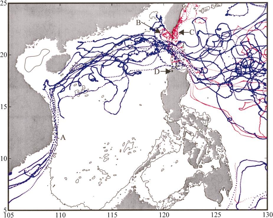 117 FIG. 4. Displacement diagram of the drifters that crossed the line 120.8 E (the dashed line labeled D ) at least once; 29 drifters satisfied this condition.