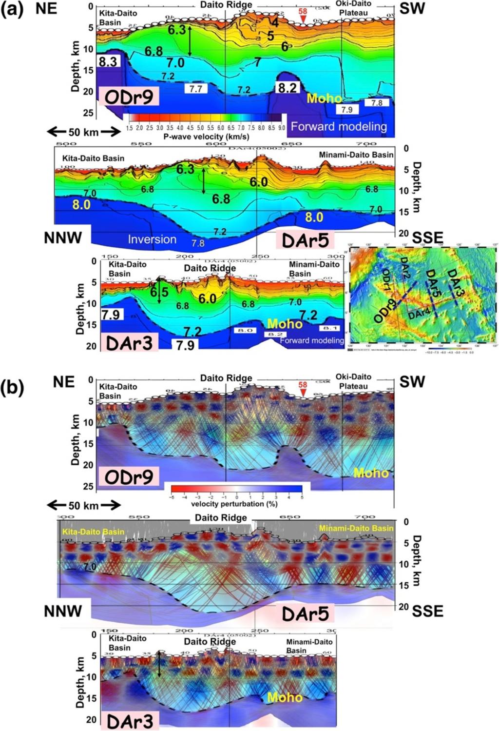 Nishizawa et al. Earth, Planets and Space 2014, 66:25 Page 8 of 16 Figure 6 Vp models of the Daito Ridge and checkerboard test results and ray coverage.