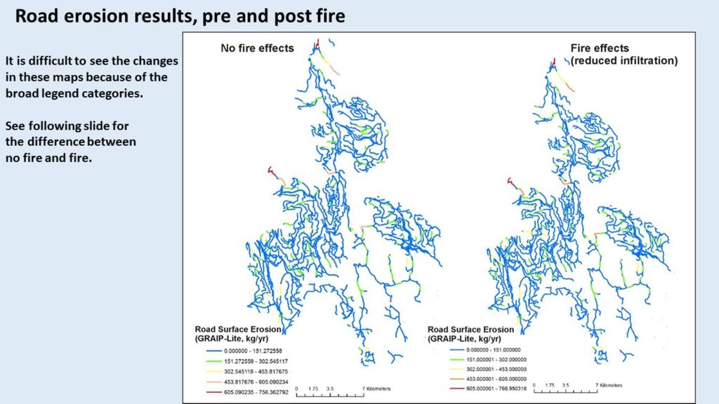 Predicted sediment delivery is mapped to the road network for pre and post fire
