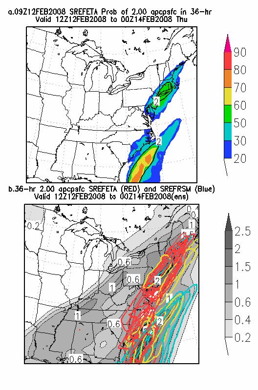 The left panels was initialized at 0300 UTC 11 February 2008 and shows the probability of 1 inch or more QPF for the 24 hour period