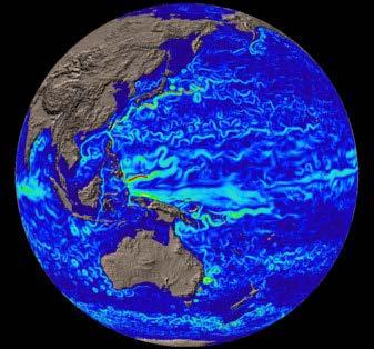 Snapshot of the model speed at 50 meters depth in the East Indian and West Pacific Ocean. Dark blue color corresponds to slow speed, and red to speeds above 150 centimeters per second.