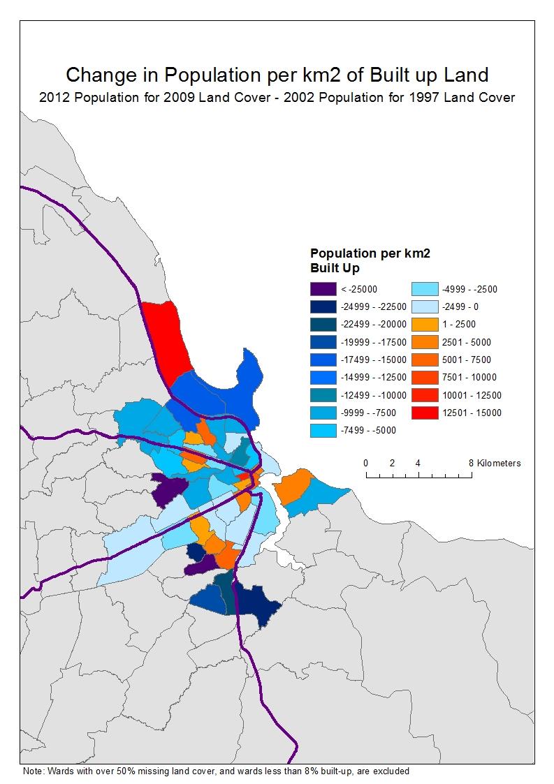 Population to built area Areas of greatest increases Tandale, Manzese, Tandika, & Mwananyamala informal settlements to the West.