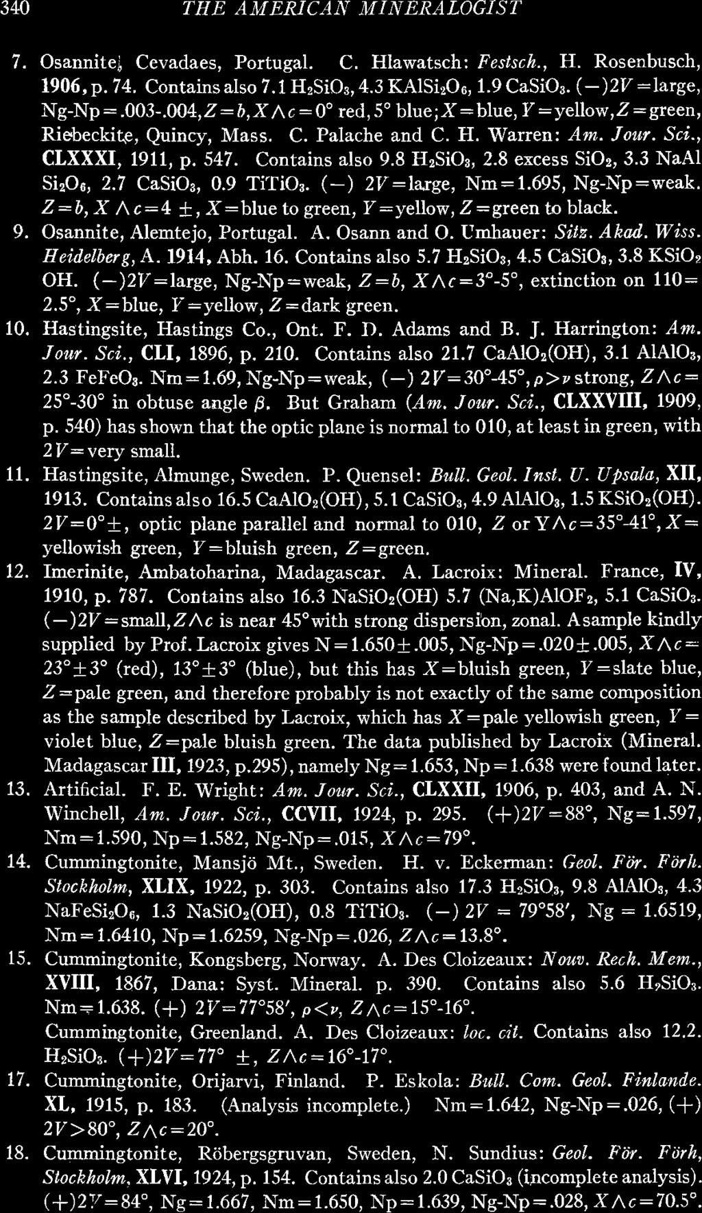 340 THE AM ERICAN MINERALOGIST a Osannitei Cevadaes, Portugal. C. Hlawatsch: Festsch., H. Rosenbusch, 1906, p. 74. Contains also 7.1 HzSiOs, 4.3 KAlSirOc, 1.9 CaSiOa. (-)2V :large, Ng-Np :.963-.