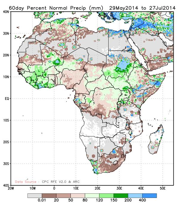 Figure 16: Rainfall Estimation Algorithm Version 2.0 (RFE) estimate of percent of normal rainfall for late May late July 2014.