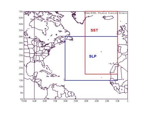 is defined as a combination of SST in the region from 20-70 N, 40-10 W and SLP in the region from 15-50 N, 60-10 W (Figure 17). The index is created by weighing the two parameters as follows: 0.