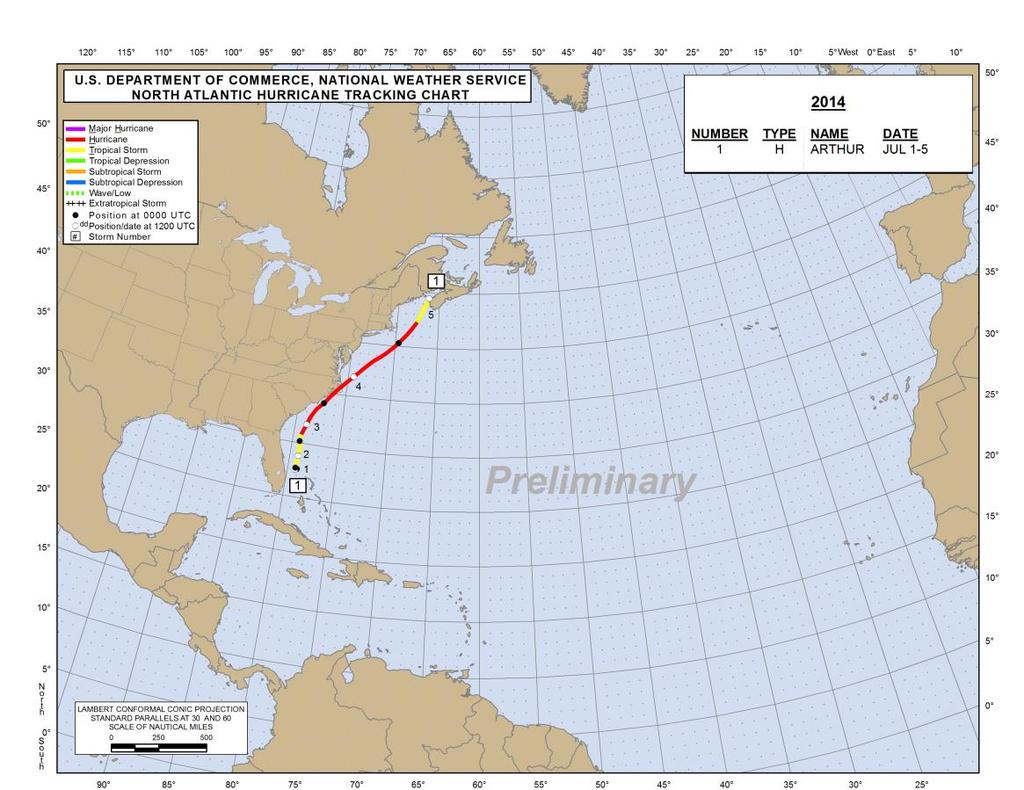extratropical transition on July 5. Damage from Arthur was minimal ($14 million dollars according to Wikipedia), and no direct fatalities were attributed to the storm.