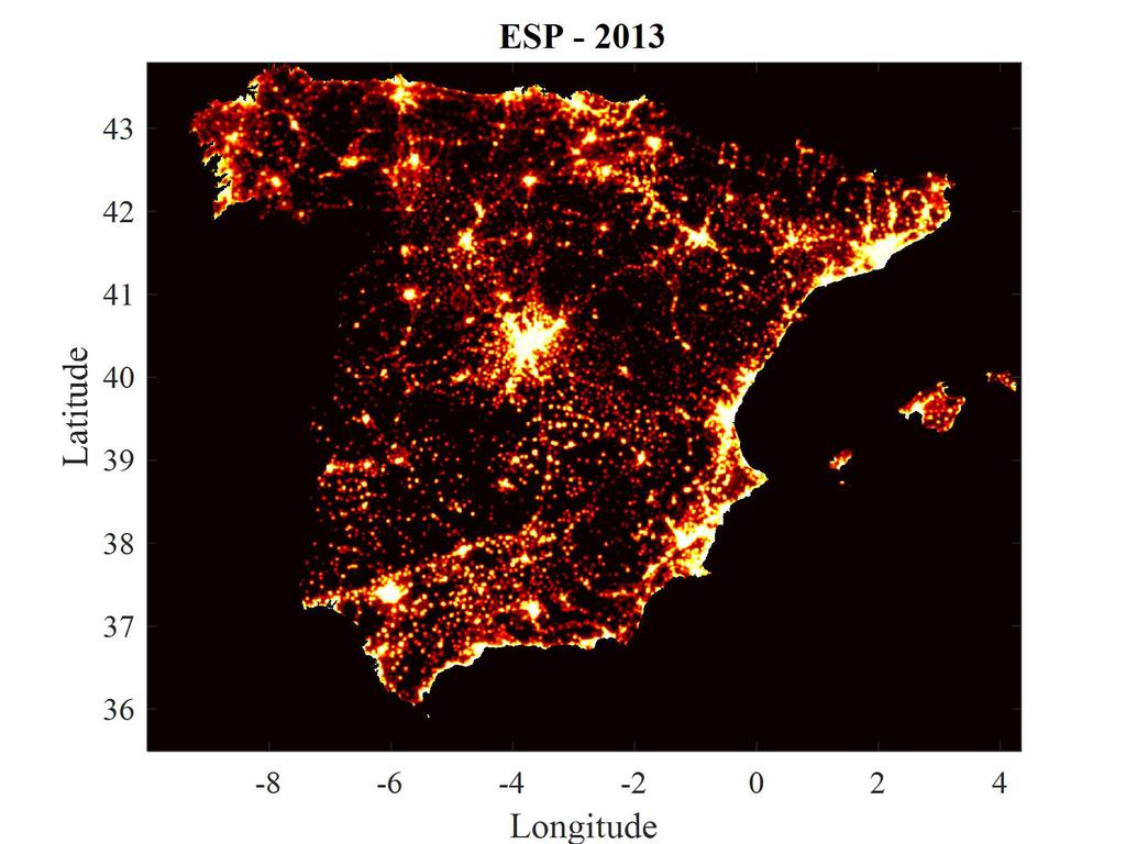 Figure 3: Night lights distribution-based indicators for Spain-2013. (a) Snapshot of night lights. (b) Histogram and distribution-based indicators.