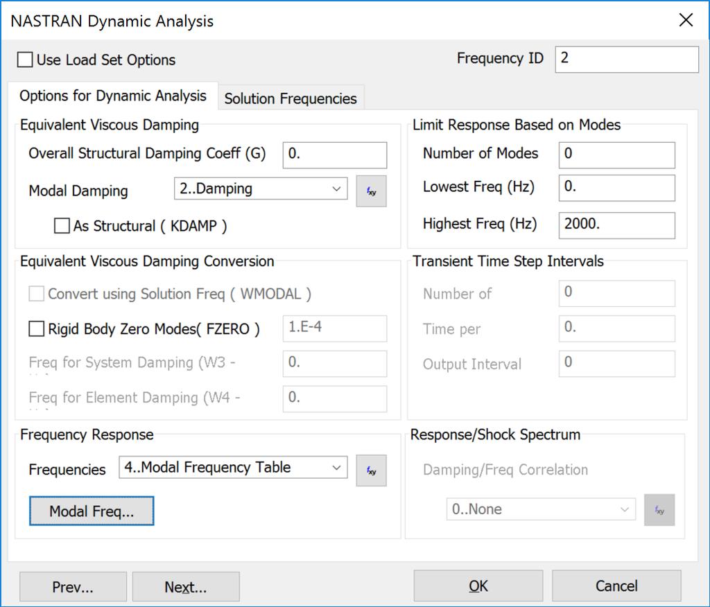 In the Dynamic Analysis tab, one can specify the damping function and define the Frequency Response bounds (# of modes,