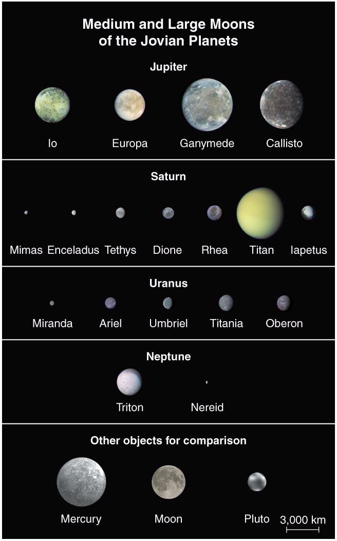 Sizes of Moons Small moons (< 300 km) No geological activity Medium-sized moons (300-1,500 km) Geological activity in past Large moons (> 1,500 km) Ongoing geological activity Medium & Large Moons