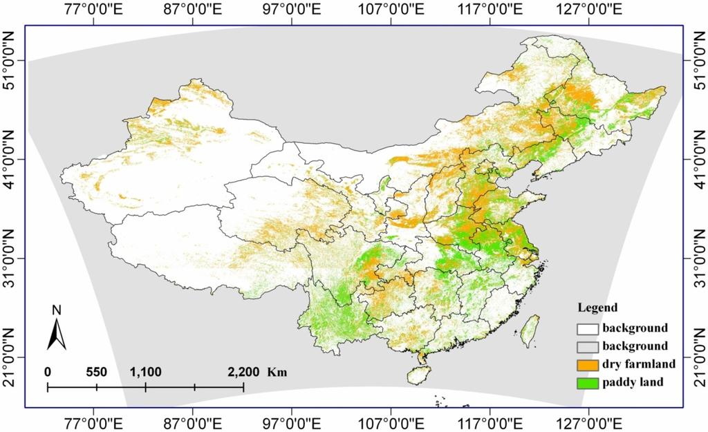 4. Land cover classification in China To analyze the spatial distribution of the cropland areas in China, we extracted the cropland areas from the classification map and present it in bellow.