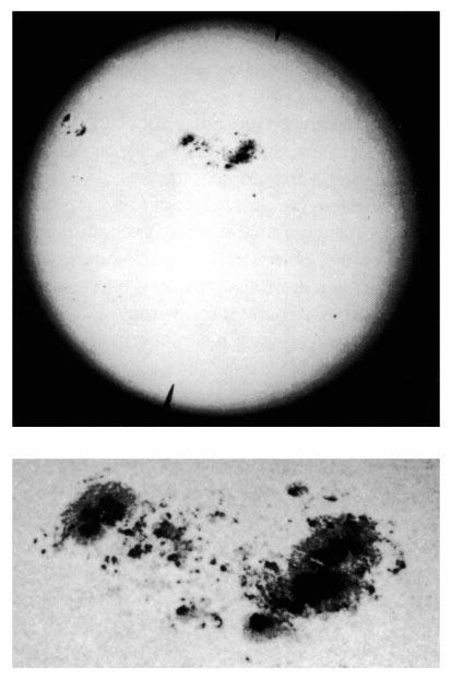 NAVIGATIONAL ASTRONOMY 229 Figure 1507. Whole solar disk and an enlargement of the great spot group of April 7, 1947. Courtesy of Mt. Wilson and Palomar Observatories. Figure 1509.