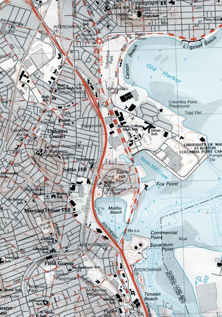 Topographic map of southeast Boston.