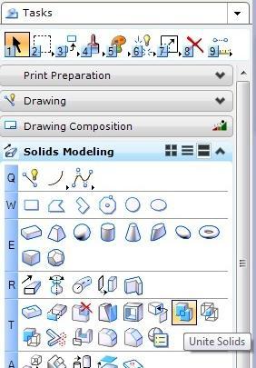 9. Put the Unite Solids Step dialog aside and proceed to merge solids together by using the Unite Solids tool in the Solids Modeling taskbar.