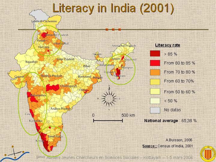 A first map is made to give an overview of literacy in India on a district level. This shows a wide variation within India.