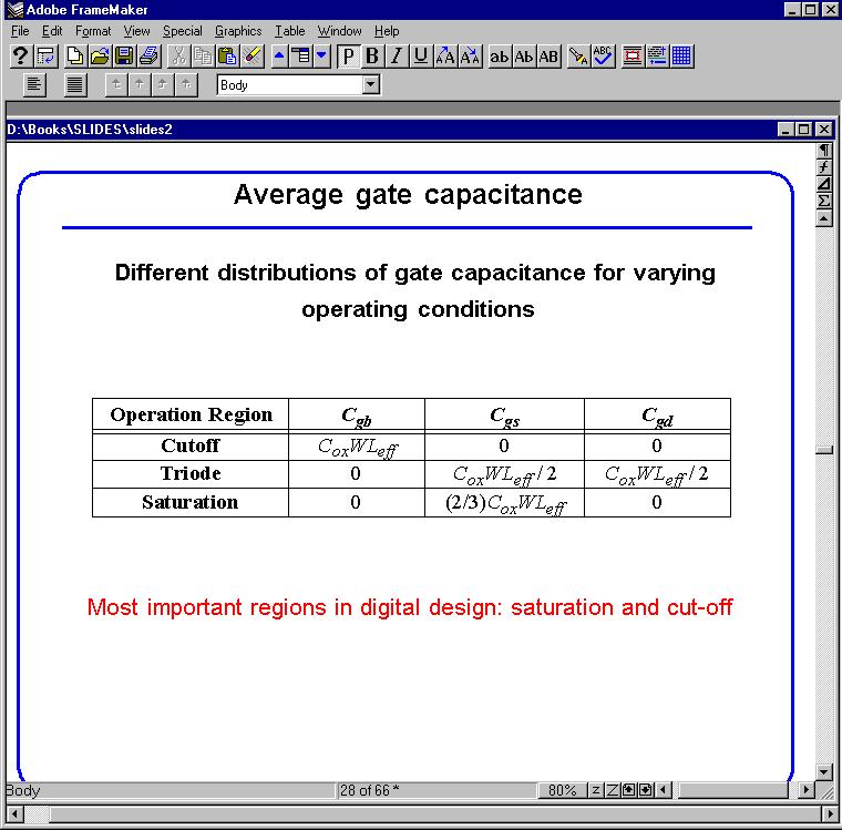 Gate Capacitance Behavior G G G S C GC C GC C GC D S D S D Cut-off Resistive Saturation Most