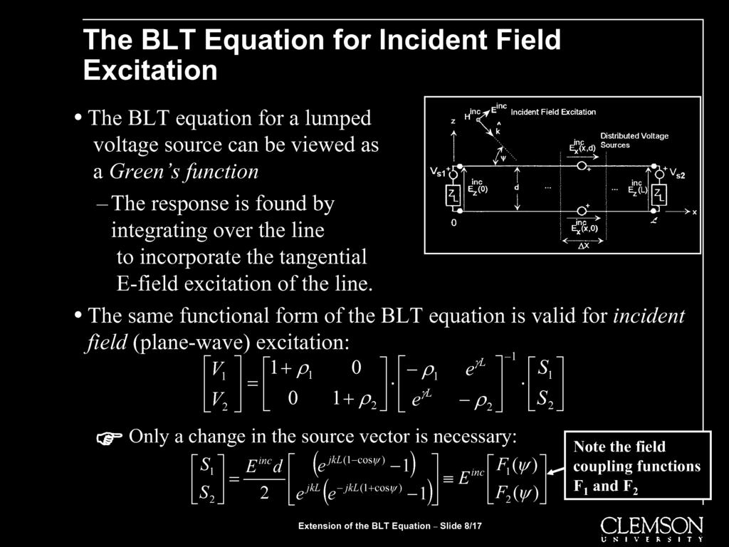 The BLT Equation for Incident Field Excitation» The BLT equation for a lumped voltage source can be viewed as a Green 's function -The response is found by integrating over the line to incorporate