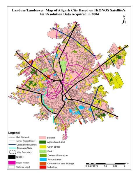 Landuse / Land cover (2009) The urban land use/ Land cover map of Aligarh city for year 2009 has been prepared based on IKONOS Satellite imagery and 11 landuse / landcover categories identified and