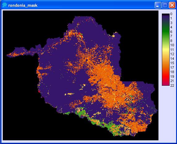 Rondônia Land Cover From DIVA-GIS data source Category Square Miles Land Cover 0 112552.1 Background 1 64195.9 Tree Cover, broadleaved, evergreen 2 539.