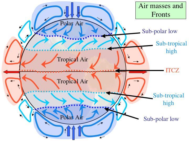 Atmospheric Circulation Variations in heating and cooling, and Earth s rotation (Coriolis effect) produce three
