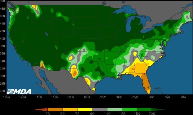 Moisture should also decline in the Delta and southeastern Midwest. Mild temperatures in the western Midwest and Plains will increase soil temperatures.