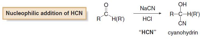 O H H i) NH 2 NH 2 ii) base Cyclopentanone Cyclopentane d) Nucleophilic Addition of CN Treatment of an aldehyde or ketone with NaCN and a strong acid