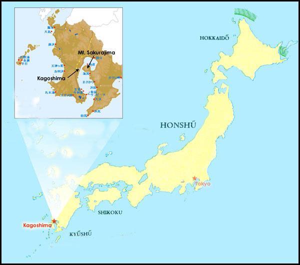 Figure 1. (Larger map) Main islands of Japan showing location of Sakura-jima.