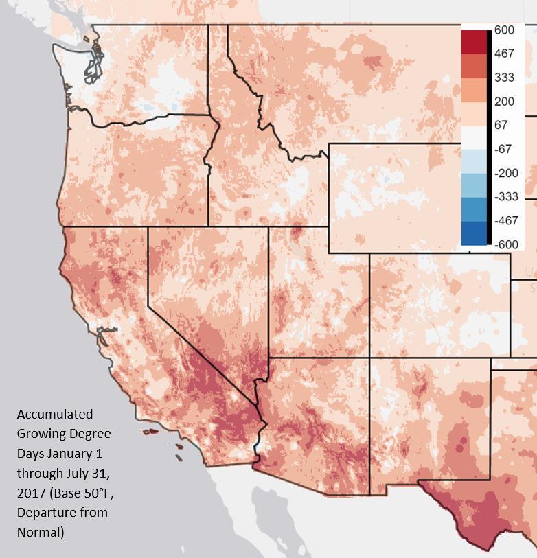 Figure 2 Western US January-July 2017 temperature departure from normal (left) and percent of normal precipitation (right; images from WestWide Drought Tracker, Western Region Climate Center;
