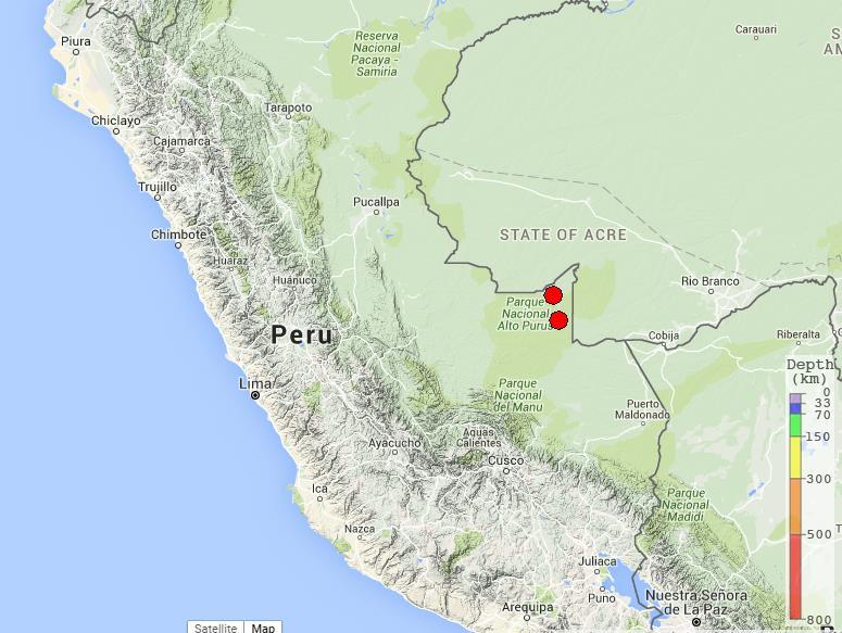 Two deep 7.6 magnitude earthquakes have shaken a sparsely populated jungle region near the Peru-Brazil border in southeast Peru. There were no immediate reports of injuries or damage. The second M 7.