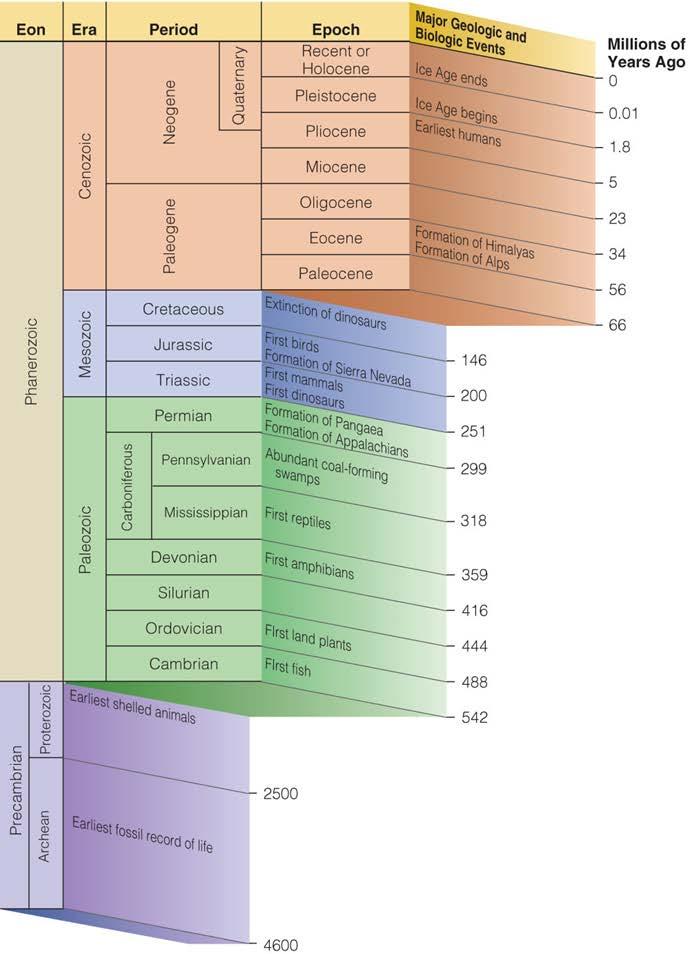 When time is this vast, we break it up into pieces or categories: Eon: the largest formal unit of geologic time *Precambrian (subunit)--archean (subunit)--proterozoic *Phanerozoic Era: The three