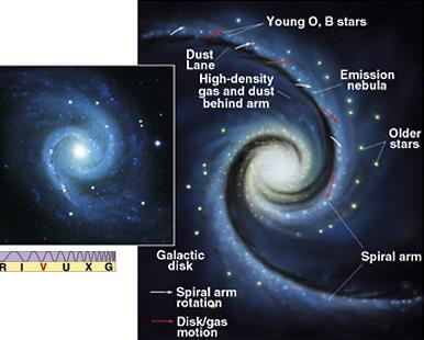 Spiral Density Waves A spiral compression wave (a shock wave) moves through the Galaxy