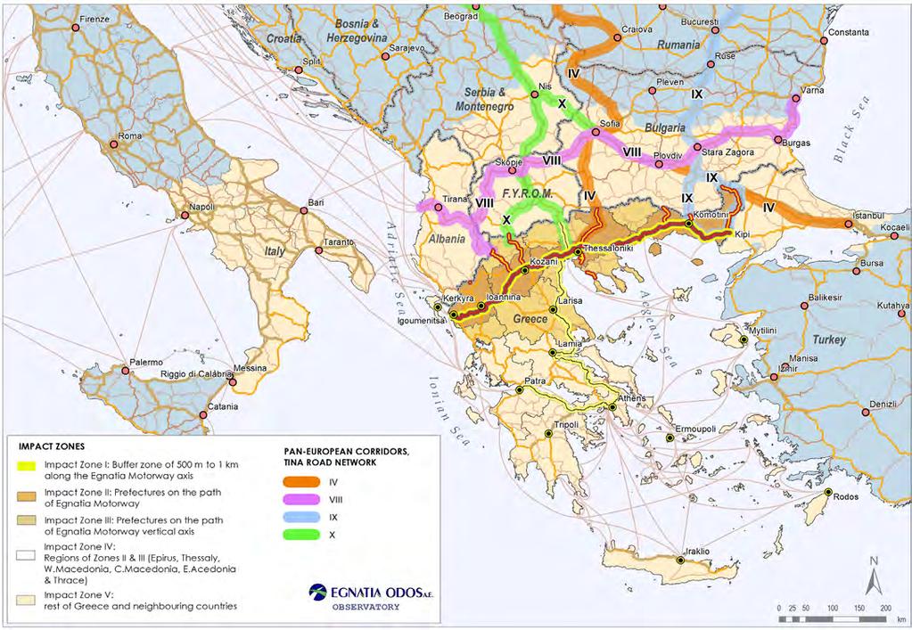 8 Impact zones Map of impact zones Taking a macroscopic perspective of the basic impact of the Egnatia Motorway and keeping in mind the fact that the developmental and spatial planning projections