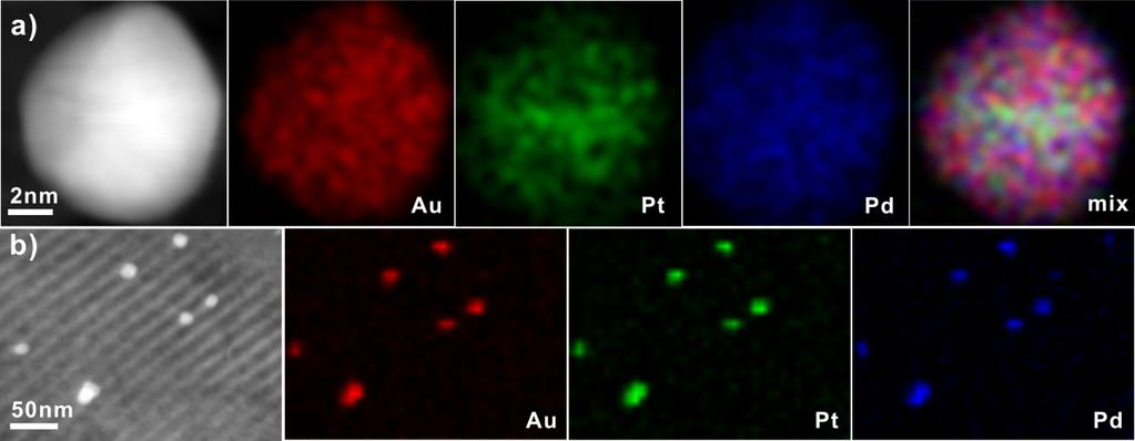 Figure S3. HAADF-STEM images and corresponding EDS mappings of a) an individual nanoparticle and b) a broad area for Au 25 Pt 25 Pd 50 /EP-TiO 2 after annealing at 800 o C.