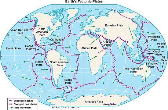 Moreover, the lithosphere (the rigid crust and upper mantle) is divided in tectonic plates which are floating on molten rocks in a very slowly movement.