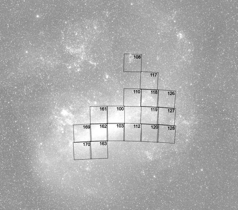 18 Fig. 1. The location of the 17 analyzed fields in the Large Magellanic Cloud. North is up, east is to the left.