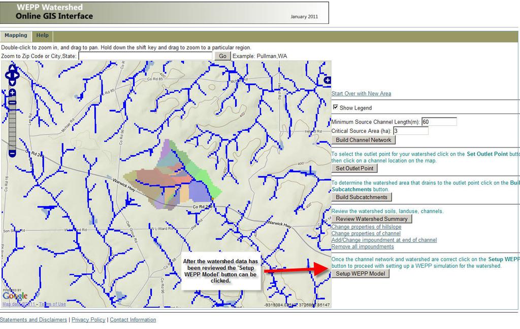 Click on the Setup Wepp Model button to proceed to run WEPP with the defined watershed.