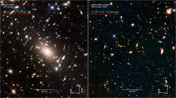 2 Continued from page 1 With a huge, towering galaxy cluster in one field and no comparably massive objects in the other, the effects of both weak and strong gravitational lensing are readily
