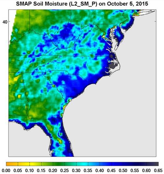 Floods detected by NASA's Soil Moisture Product from SMAP Surface soil moisture in the Southeastern United States as retrieved from NASA's Soil Moisture Active Passive (SMAP) satellite observatory at