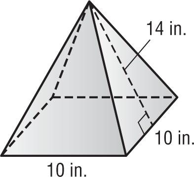 41. What percent is represented by the model? 44. What is the surface area of a square pyramid with base side lengths of 10 inches and a slant height of 14 inches? F. 175% G. 125% H. 75% I. 25% F.