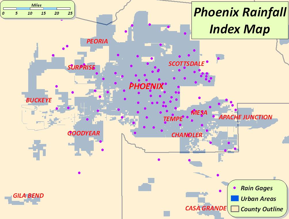 Figure 2. Location of gages (purple dots) to be used in the construction of the Phoenix Rainfall Index in relation to urban boundaries (light blue shaded regions). 2. ANALYSIS 2.1.