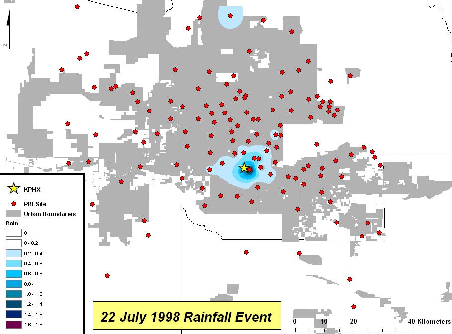 Figure 6. 22 July 1998 convective rain event. In this example, KPHX observed 1.