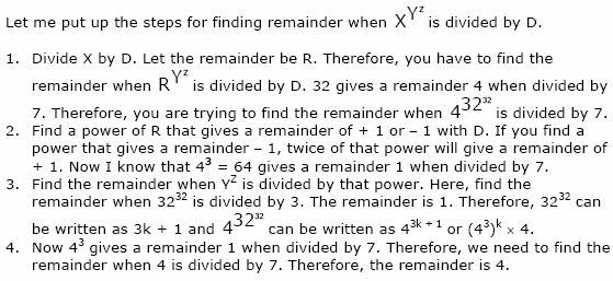 Answer: Again 5 5 = (18 + 7) 5 = (18 + 7)(18 + 7)...5 times = 18K + 7 5 Hence remainder when 5 5 is divided by 9 is the remainder when 7 5 is divided by 9. Now 7 5 = 7 7 7.. (8 times) 7 = 4 4 4.