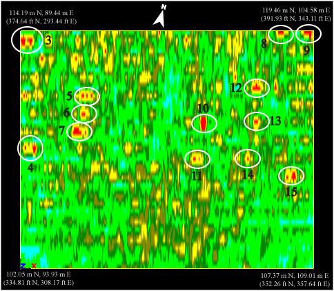 Figure 9. Ground penetrating radar data from Survey Area 2, Grid 2 at 62.09 cm (2.04 ft) below ground surface.