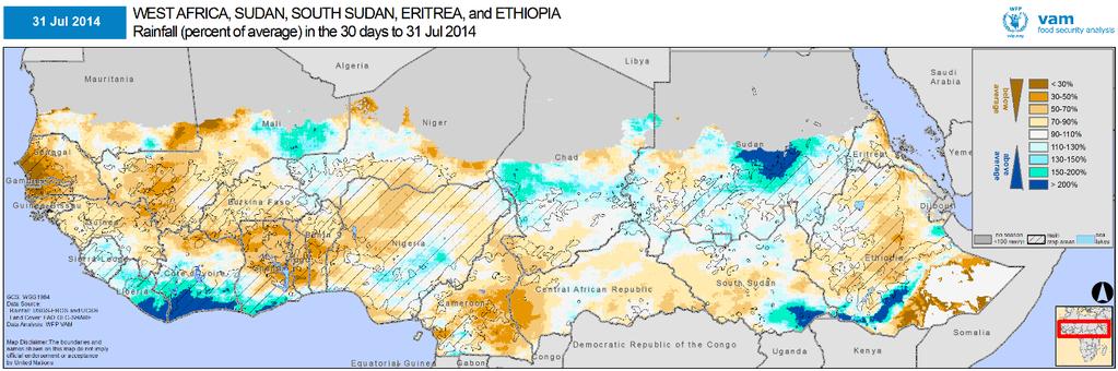 Total July 2014 rainfall as a percentage of the 20 year average. Note maintenance of widespread deficits though with good improvements in Sudan, eastern Chad, eastern Mali.