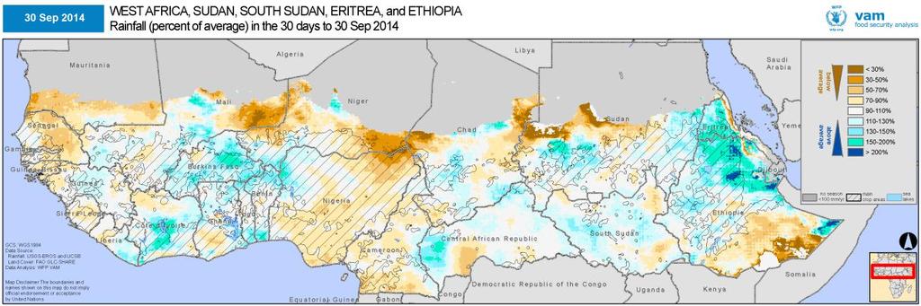 Total September 2014 rainfall as a percentage of the 20 year average. Note marked deficits in eastern Mali, Niger and Senegal, with good rainfall in Ethiopia.