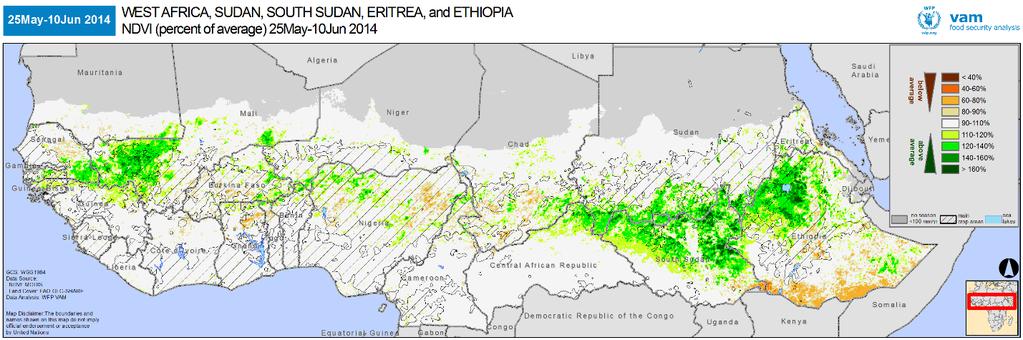 Total May 2014 rainfall as a percentage of the 20 year average. Note widespread deficits except for wetter than average conditions in South Sudan and parts of Ethiopia.