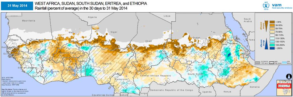 average vegetation in eastern regions (Sudan, NW Ethiopia, CAR) in response to continued strong rainfall, as well as western Mali.