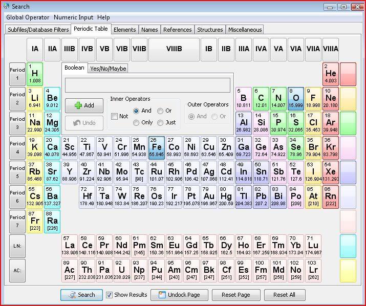 Chemistry Criterion for Search: Fe and O only entered on Periodic Table tab of Search window Periodic Table tab text