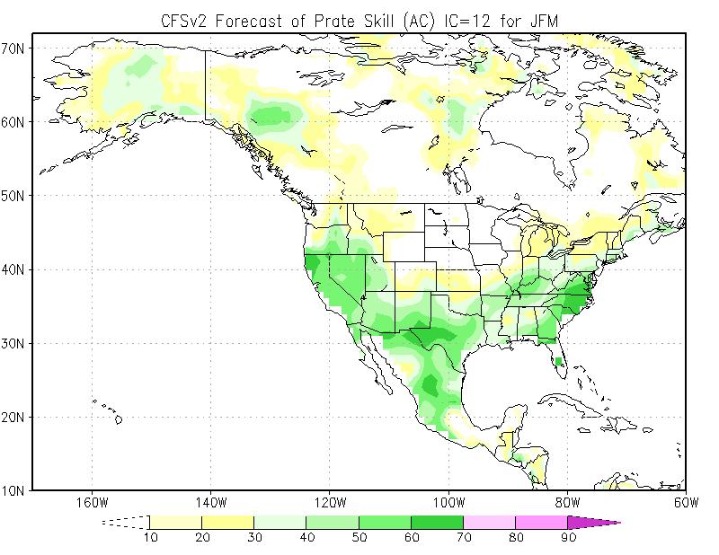 ACC (1982-2010) of Lead 1 Precipitation Forecast for JFM from NMME and CFS NMME ACC greater than 0.6 over much of CA CFSV2 ACC greater than 0.