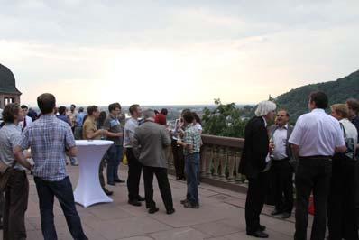 The welcome aperitif on the Heidelberger Schloss Terrasse, from which the LTD14 participants could enjoy a wonderful sunset (left). The Royal Hall (Königsaal) during the dinner (right).