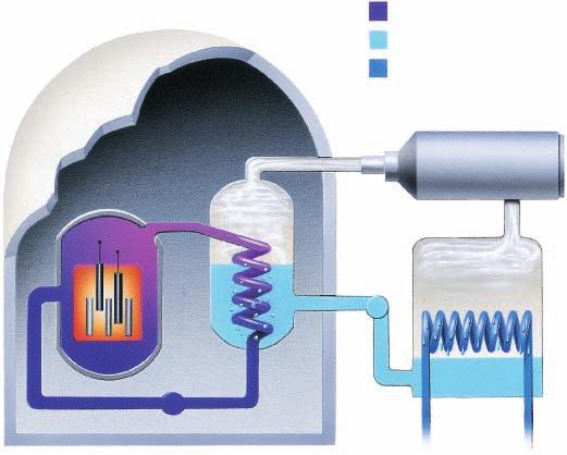www.scilinks.org Topic: Fission Code: C60581 Topic: Fusion Code: C60629 FIGURE 15 In this model of a nuclear power plant, pressurized water is heated by fission of uranium- 235.
